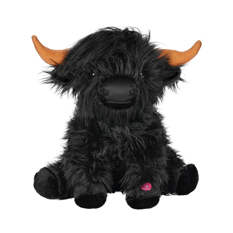 Tonpect Highland Cow Stuffed Animal with Mooing Sound, 9 inch Black Colored, Farm Cow Toy for Boys Girls Gift Decoration