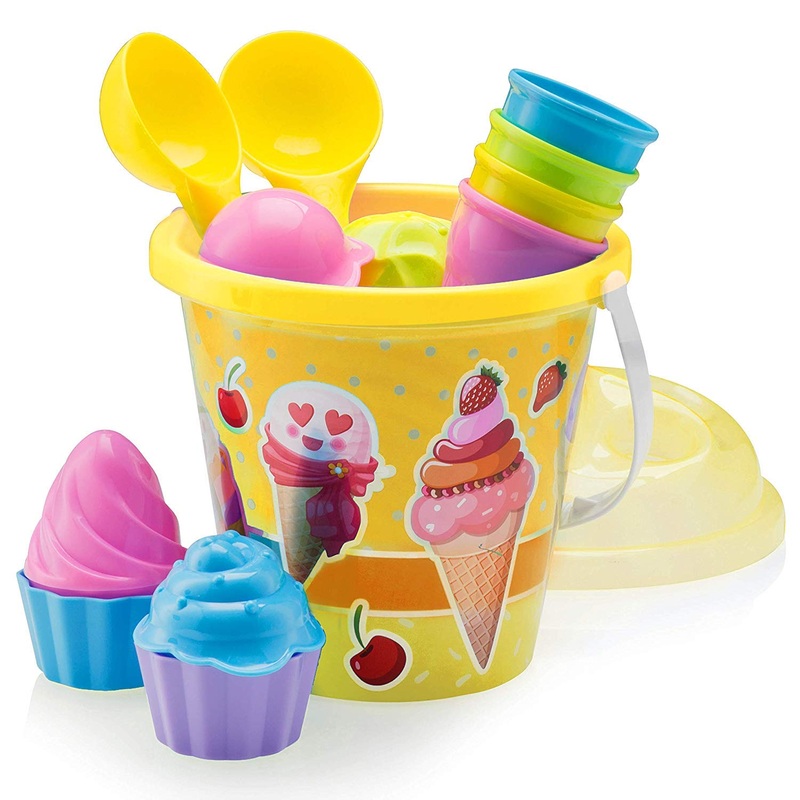 Top Race Beach Toys Set With Large 9” Bucket Pail And Spade Scoop Shovels For Kids | 16Pcs Yellow Ice Cream Playset For Kids &