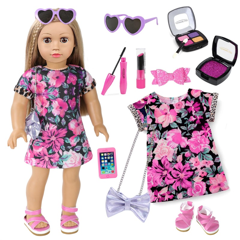 Vawmjot American 18 Inch Doll Makeup Accessories And Clothes,Messenger Bag Set For 18 Inch Dolls Include Sunglasses Phone Lipsti