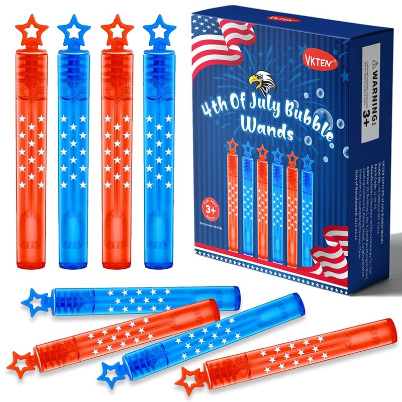 Vkten 32Pcs 4Th Of July Mini Bubble Wands Patriotic Red White Blue Bubbles For Kids, Independence Day Party Favors Patriotic Dec