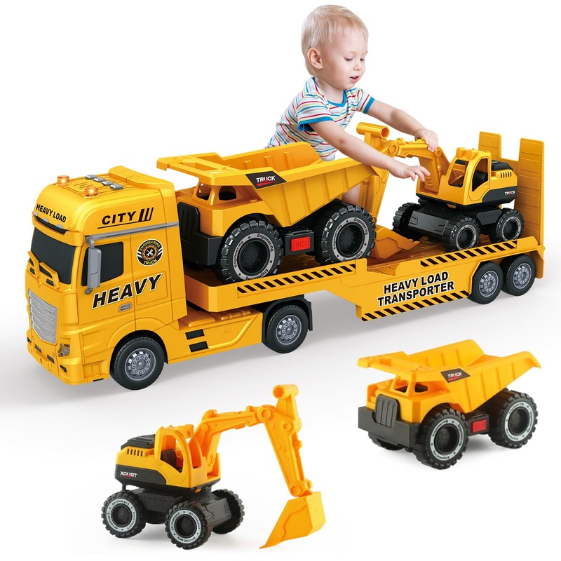 Yiwsnust Large Flatbed Semi Truck Toy for Kids, 25.6” Construction Carrier Semi Truck with Excavator and Dump Trucks, Friction