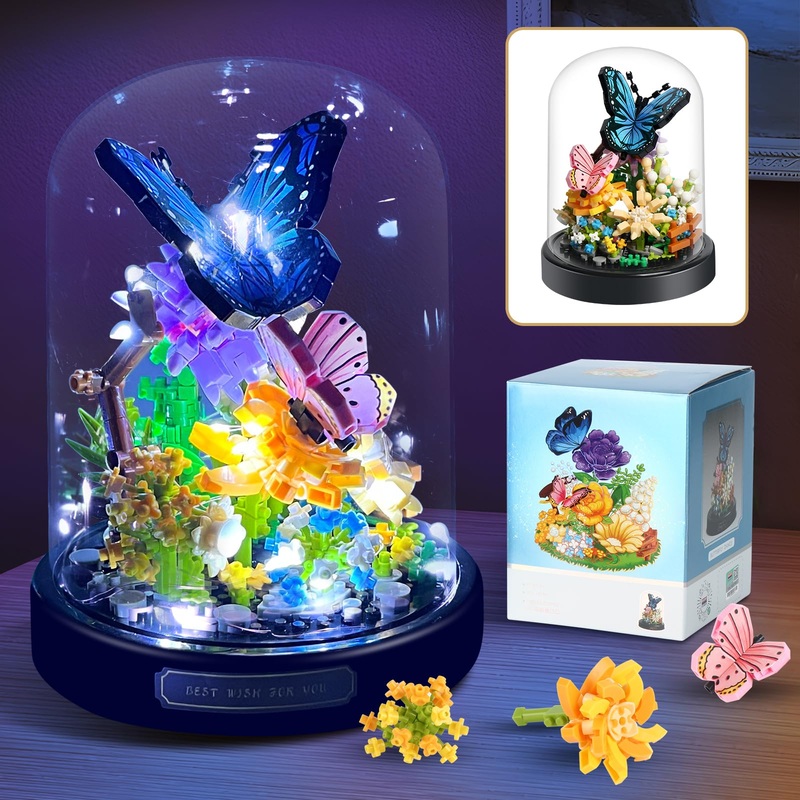 ZQJKLE Flower Bouquet Butterfly Building Set with LED String Light, Butterfly Flower Botanical Collection, 530 Pcs Mini Bricks B