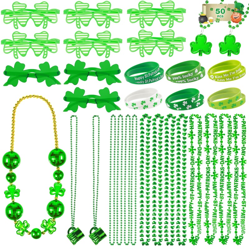 50 Pcs St Patricks Day Decorations, St Patricks Day Accessories, With 9 Green Shamrock Glasses, 27 Necklaces, 24 Bracelets, St P