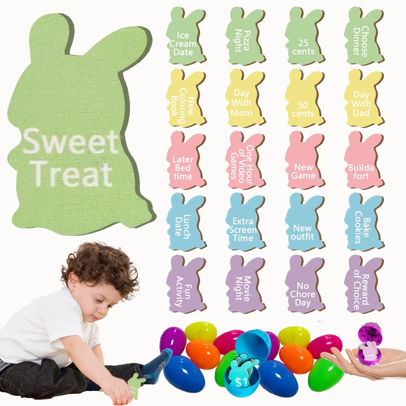 60 Pcs Easter Egg Tokens for Kids, 30Pcs Eggs And 30Pcs Bunny Shaped Tags Easter Egg Filler Toys for Adults Kids, Colorful Wood