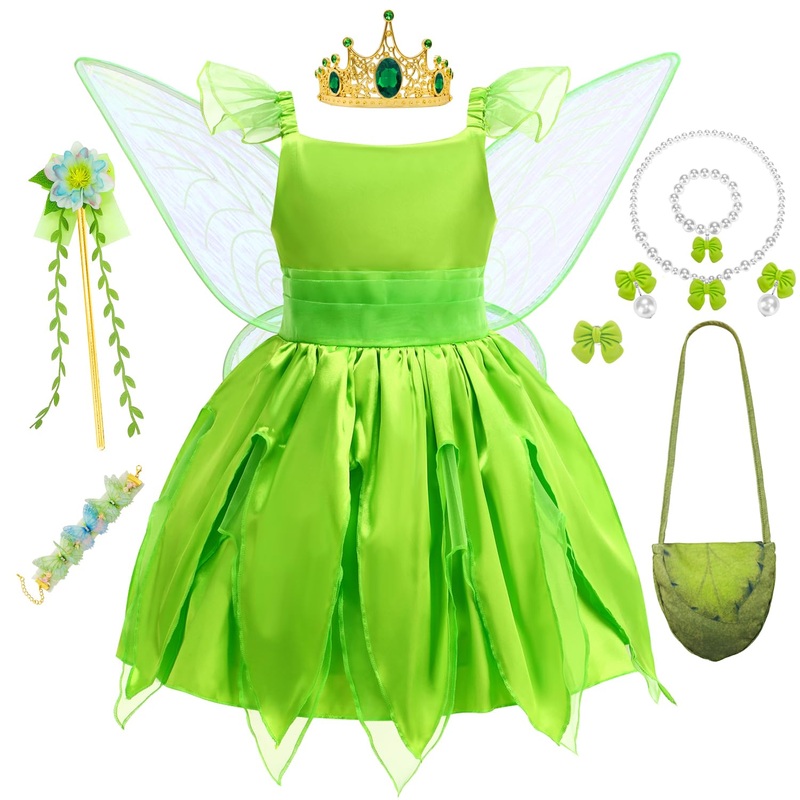 BUBBIZOZO Girl Tinkerbell Cosplay Costume 7pcs Set, Kid Fairy Halloween Princess Dress Up with Wings Wand Necklace (TinkerBell G