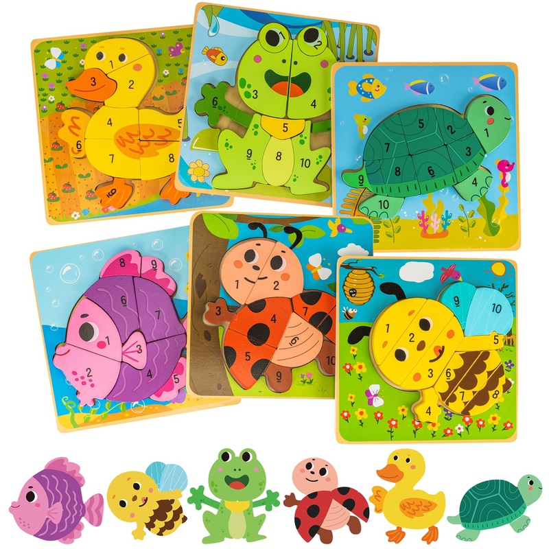 Deli Wooden Toddler Puzzles, 6 Pcs Animals Puzzles For Toddler, Montessori Preschool Educational Learning Toys Make A Great Gift