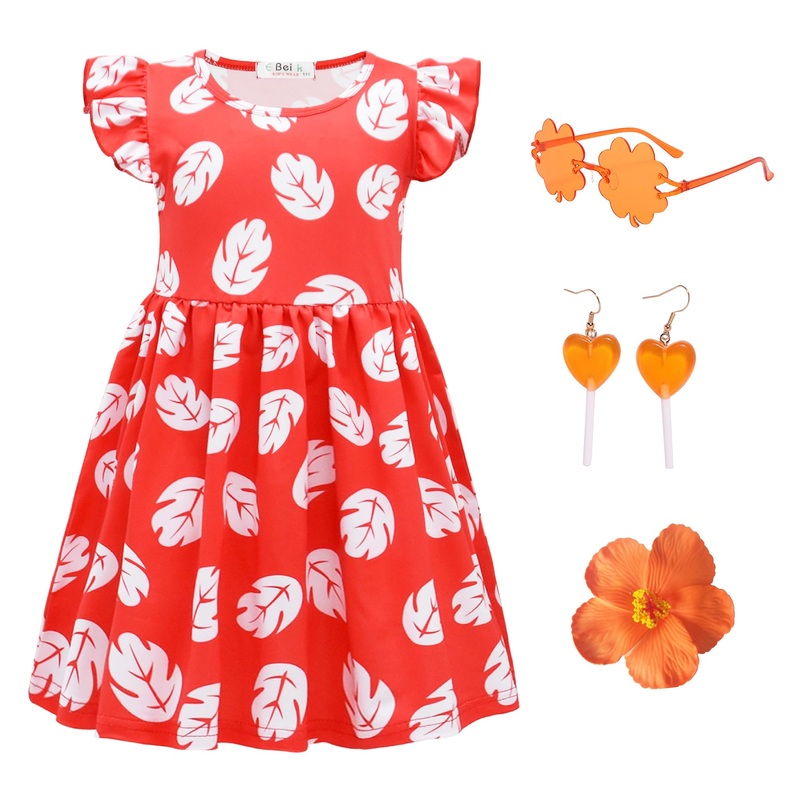 Girls Red Princess Leaf Lilo Dress with Flower Hair Clip, Hawaiian Costume Birthday Outfit Halloween and Christmas Party Cosplay