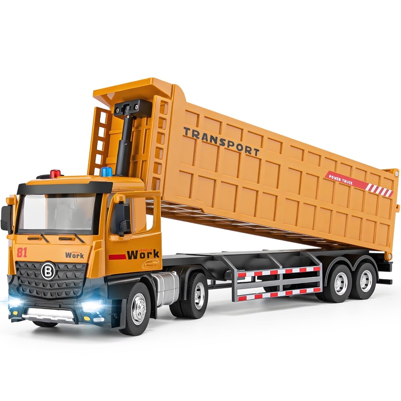 HAPYAD Dump Truck Toy for 3 4 5 6 7 Years Old Boys, Large Semi Truck with Metal Cab, Lights and Sounds, Friction Powered Tractor