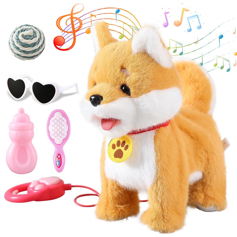 Hcdoujoy Walking Barking Singing Corgi Puppy Toy, Repeats What You Say, Realistic Licking Tongue Wagging Tail Mechanical Dog Wit