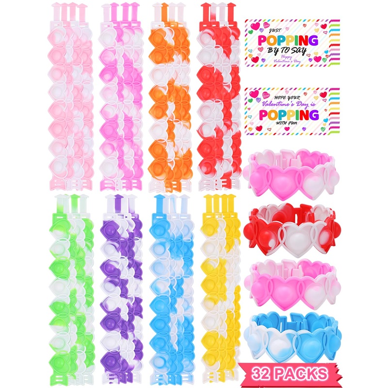 HEMEIYU 32Pcs Pop Fidget Bracelet Toy with Valentine’S Day Card ,Valentines Classroom Exchange Kit for Kids, Party Favor Supplie