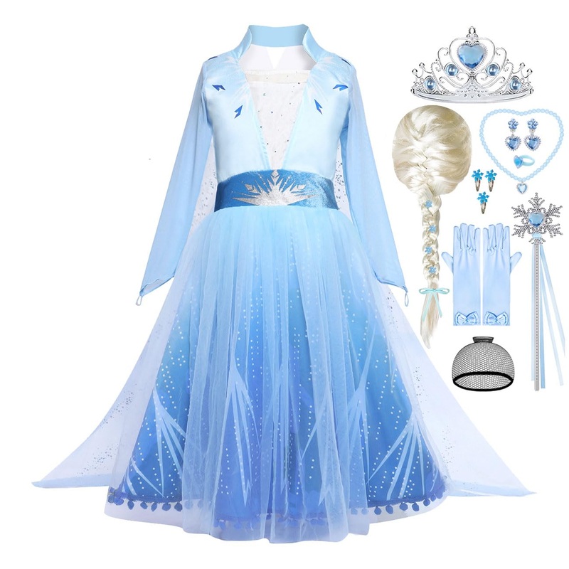 iTVTi Elsa Costume Toddler Girls Snow Princess Dress Blue Cosplay Outfit with Wig for Halloween Birthday Party Christmas, 6-7Y (
