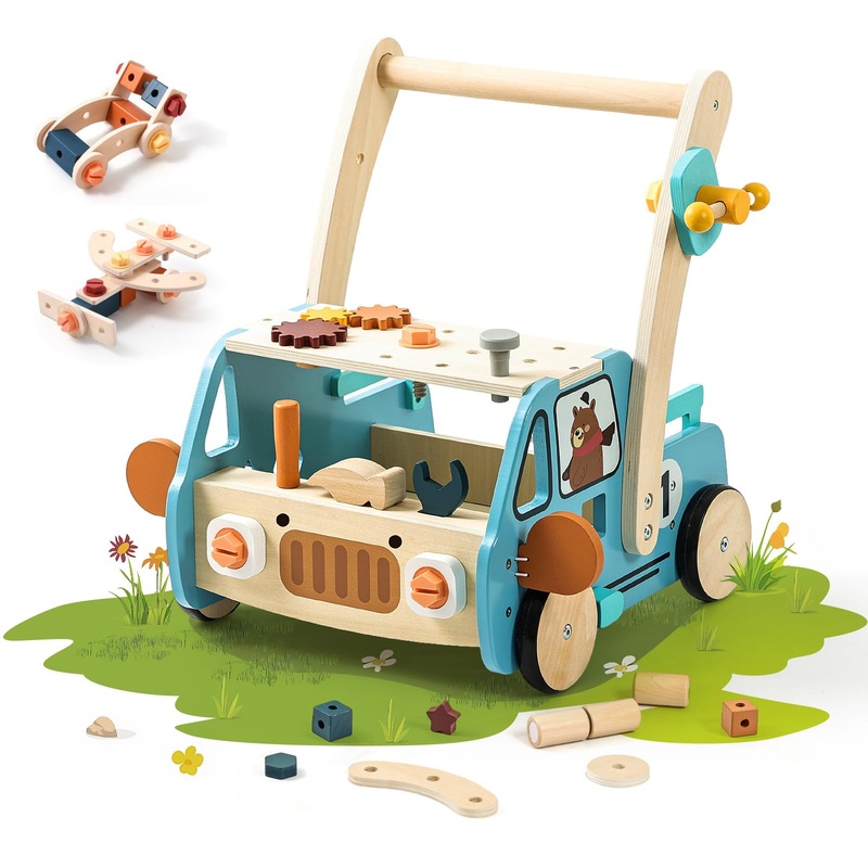 Oessuf 2-In-1 Wooden Baby Walker With 40 Pcs Tool Toys – Baby Push Walker For 6-12 Months, Activity Center For Toddlers Aged 1-3