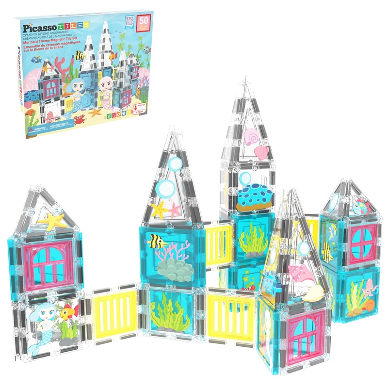 Picassotiles 50 Piece Magnetic Tiles Mermaid Theme Magnet Building Blocks Toddler Toy Educational Stem Learning Kit Construction