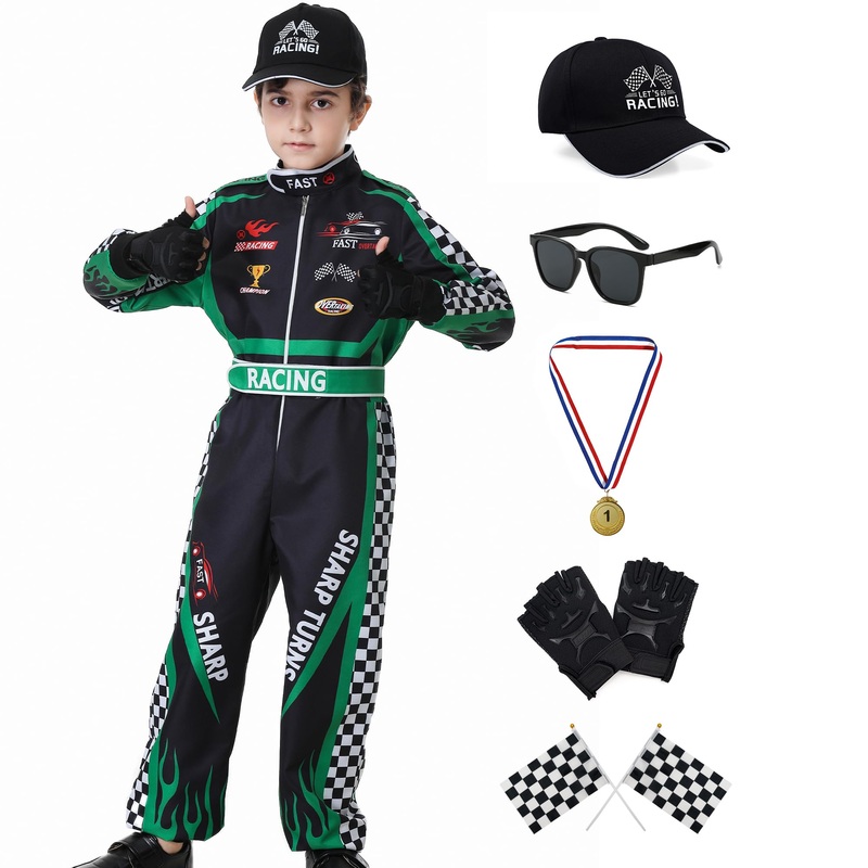 Race Car Driver Costume Boys Racing Suit Kids Racer Jumpsuit Set with Cap Medals Glasses Gloves for Halloween Black