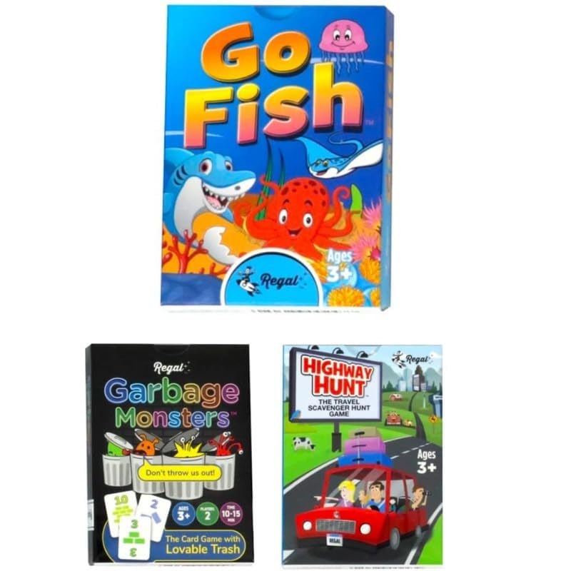 Regal Games – Go Fish, Garbage Monsters, Highway Hunt Card Games Set – Family-Friendly, Fun Card Games – Search & Find, Matching
