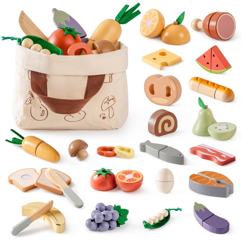 ROBOTIME Wooden Play Food Cutting Fruit Set, Pretend Play Toy Food for Play Kitchen with Shopping Bag – Kids Kitchen Accessories