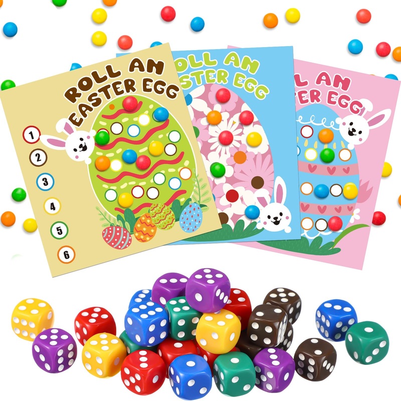 Soulchen 30 Sets Easter Games Spring Party Activity Egg Roll Game Cards 30 Dice For Family Easter Party Supplies
