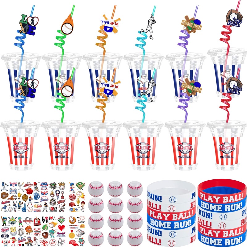 Tkifoda Baseball Party Favors , 72 PCS Sports Baseball Party Cups with Lids Straw Baseball Slap Straws Silicone Bracelets Sticke
