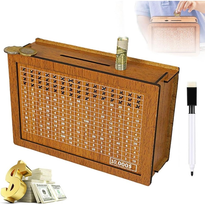 Upgrade Cash Vault Wooden Savings Box, Wooden Cash Saver Money Box, 10000 Savings Challenge Box, Cash Saver Box Coin Piggy Bank,