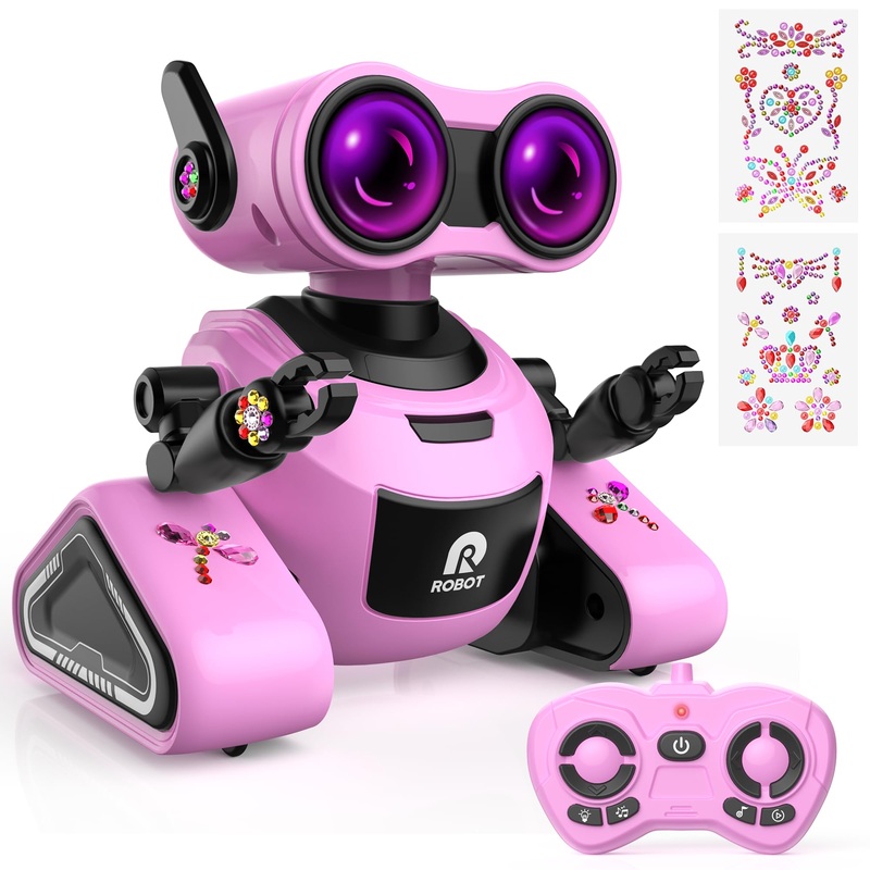 Yerloa Girls Robot Toys with 3D Stickers for 3-5, Baby Easter Toys Remote Control Robot Toy for Kids with Music and 4 Color LED