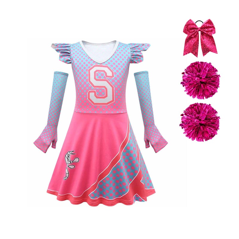 Zombie 3 Cheerleader Dresses for Girls Alien Dresses for Girls Zombies Dresses Kids with Pom Poms and Bow Hair Rope 9-10Y