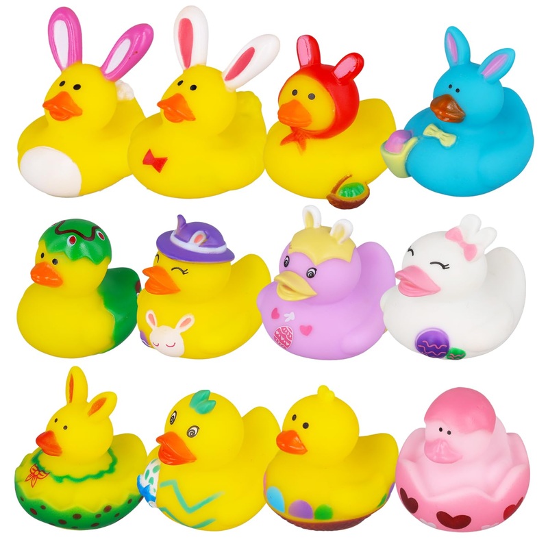12pcs Easter Rubber Ducks, Novelty Colorful Bunny Rabbit Duckies Mini Ducks Rubber Bath Duck Toys Assorted Squeeze Ducks for Eas