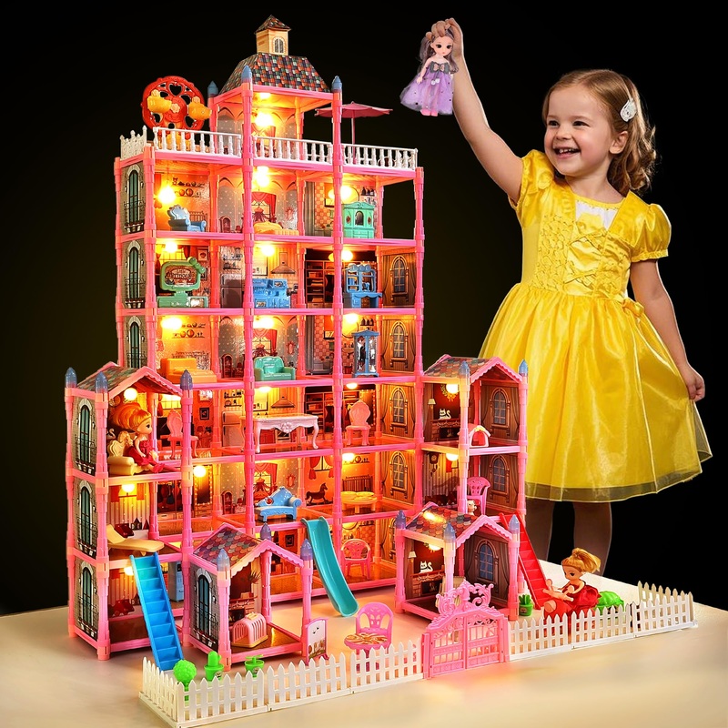 13 Rooms Doll House for Girls, DIY Play House Toys with Dolls Figure, Puppies,Furnitures, Glow-in-The-Dark Accessories, LED Ligh