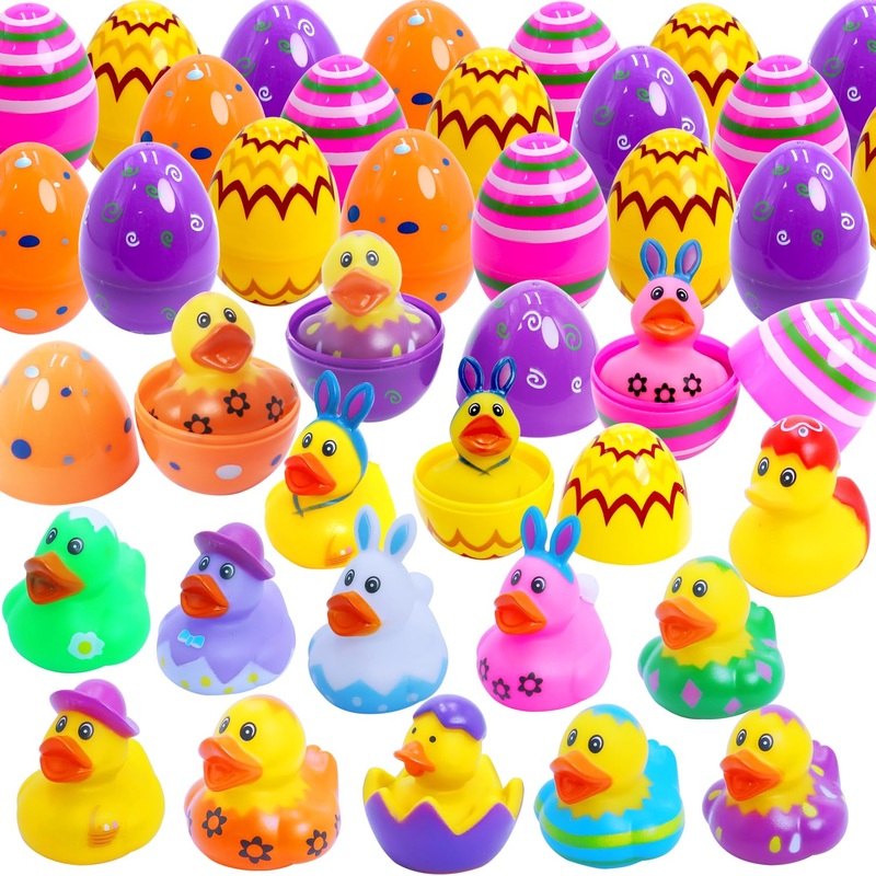 24 Pcs Easter Eggs with Rubber Duck Toys for Kids, Colorful Easter Eggs Filled with Assorted Bunny Rabbit Duckies for Fun Rubber