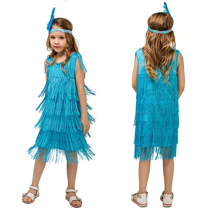 ABAFIP Girls 1920s Flapper Dress Fringe Tassel 20s Party Halloween Concert Festival Outfits Sky Blue 4-6 Years