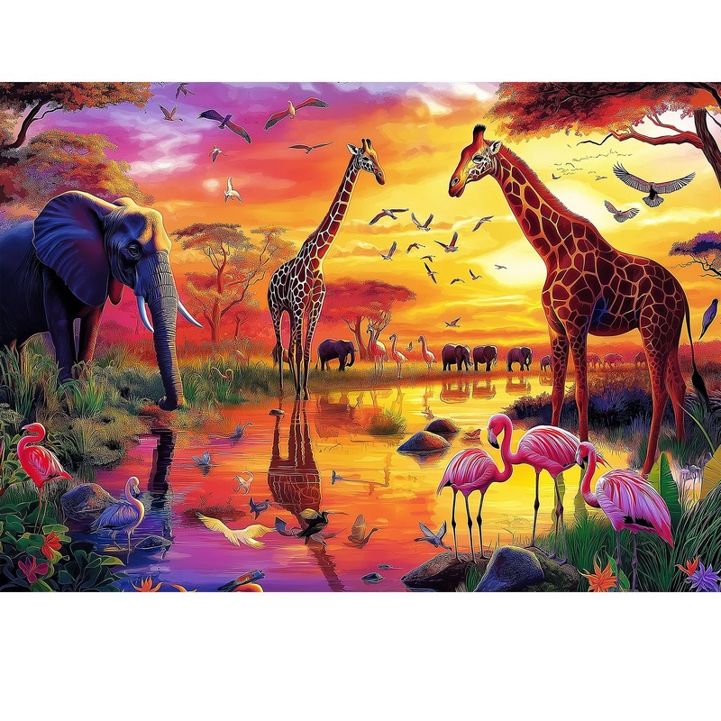 Animal Jigsaw Puzzles for Adults 1000 Pieces Nature Wildlife Scene with Elephants Lion Tiger Giraffes Flamingos Puzzle Family Ch