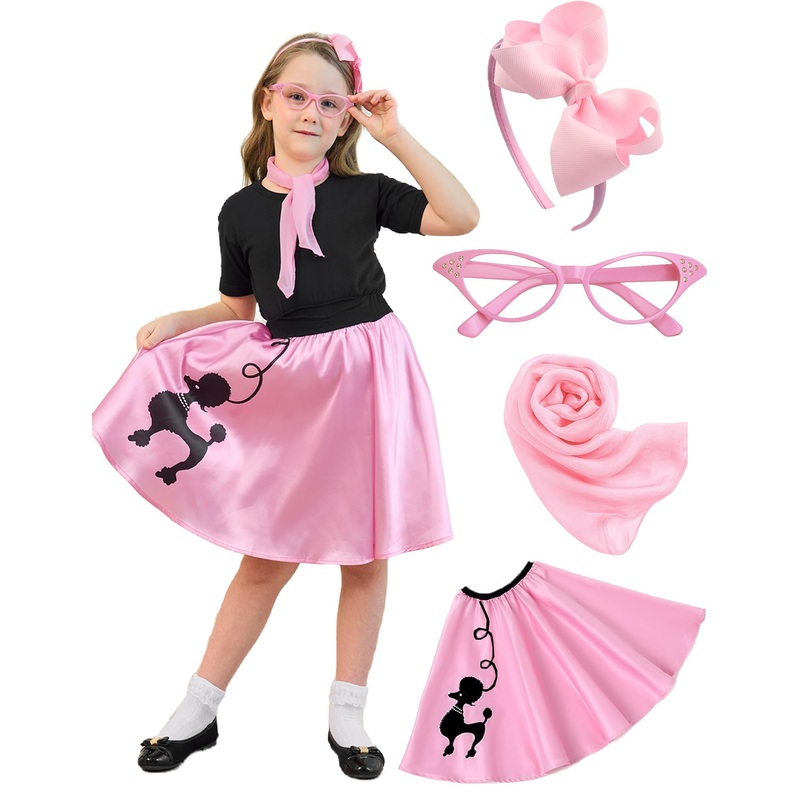 APRROOT Poodle Skirt for Girls 50s Outfit Kids Halloween Costume 2025 Sock Hop Outfit with Headbands, Glasses, Scarves 4-6Y Pink