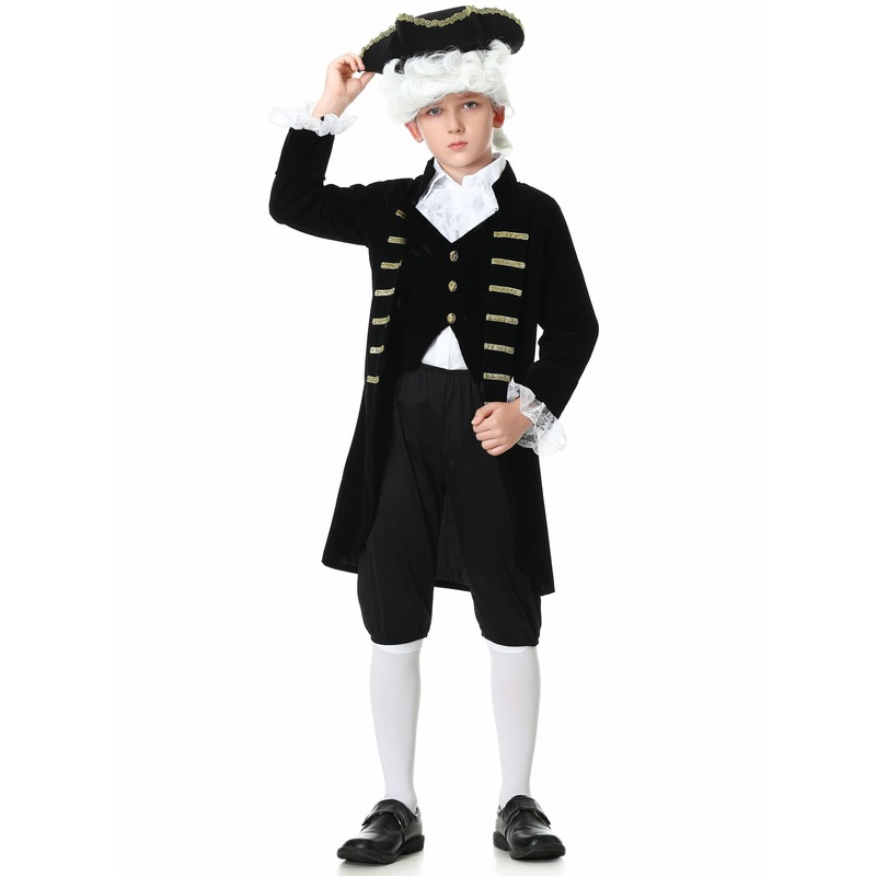 GRAJTCIN Kids Colonial Costume for Boys Historical Halloween George Washington Hamilton Costume 18th Century Outfit Black 7-8 Ye