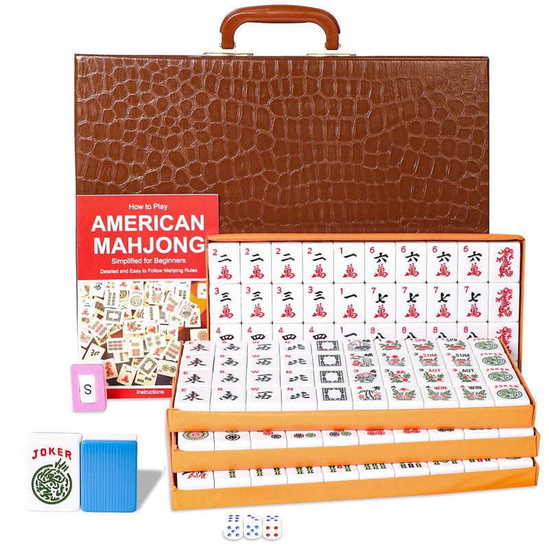 GUSTARIA American Mahjong Game Set, Mahjong Tile Set with 166 Numbered Large Tiles (1.5”, Blue), Mahjong Tiles Set with Brown C
