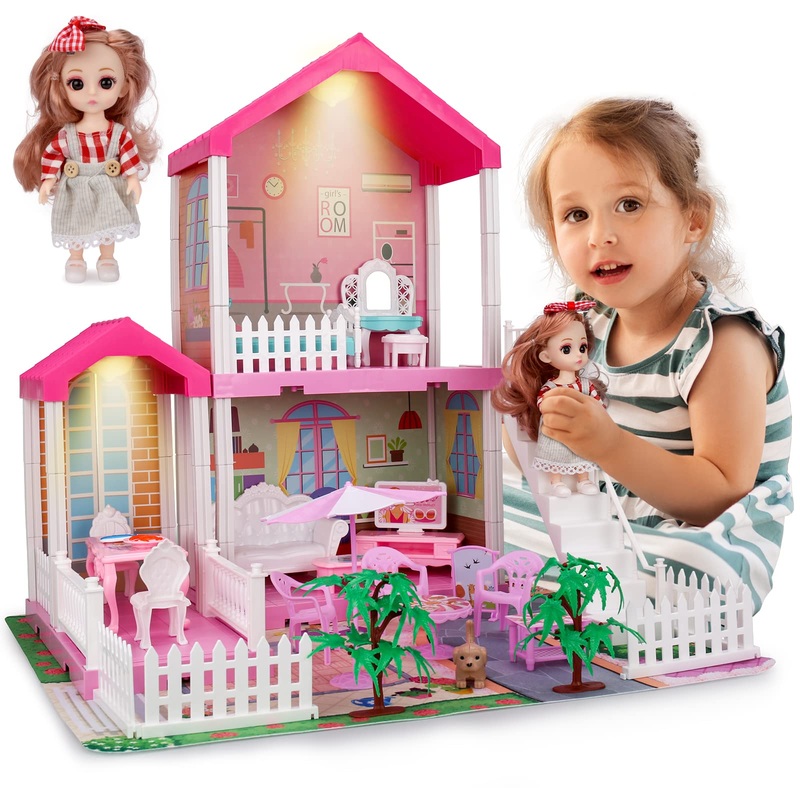 HCFJEH Doll House with Light, Playmat and Doll Toy Figures, DIY Pretend Play Furniture and Accessories, Dollhouse Playhouse Toy