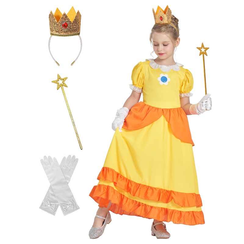 IKALI Princess Costume for Girls, Yellow Princess Dress Outfit With Accessories Crown, Wand and Gloves, Kids Toddlers Birthday F