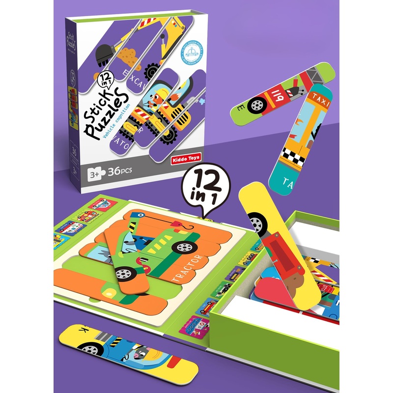KIDDO TOYS Little Engines 12-in-1 Stick Puzzles 36 Double-Sided Sticks Create 12 Different Puzzles – Ages 3-6 – Magnetic Puzzle