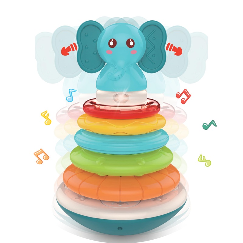 PlenPLAY Baby Tummy Time Toys – Musical Stacking Rings for Toddlers 1-3, Sensory Learning Toys with Elephant Themed Stackable Ri