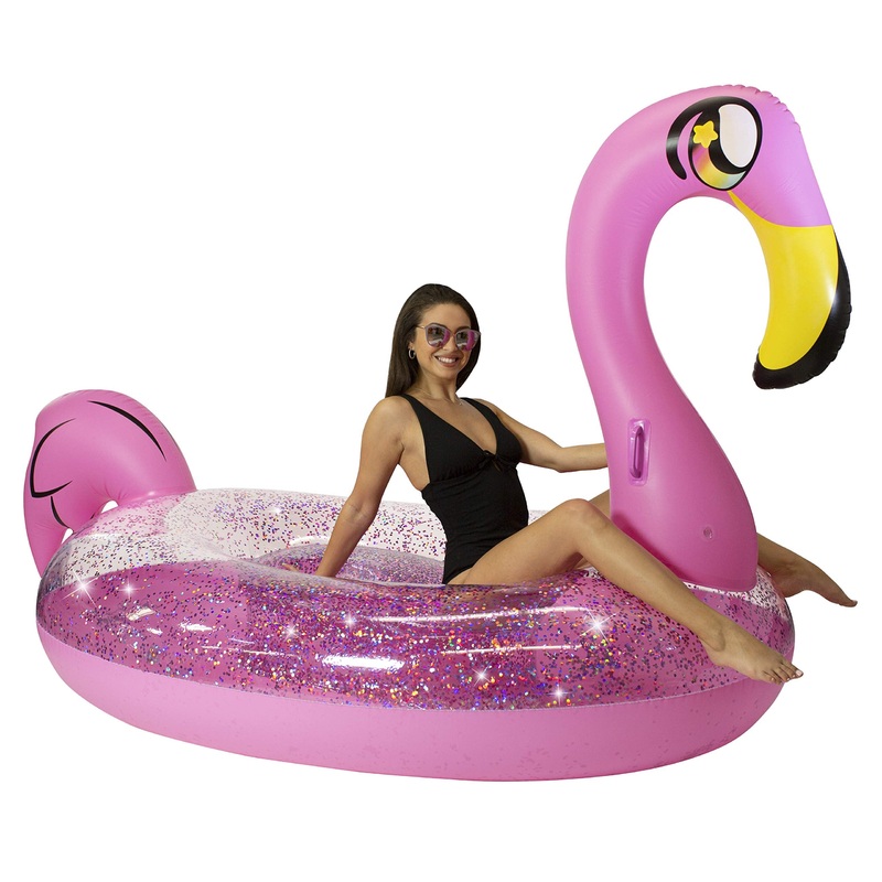 Poolcandy Gigantic Inflatable 2 to 3 Person Pool, Beach, and Lake Swim rafts (Gigantic 2 to 3 Person Pink Glitter Flamingo)