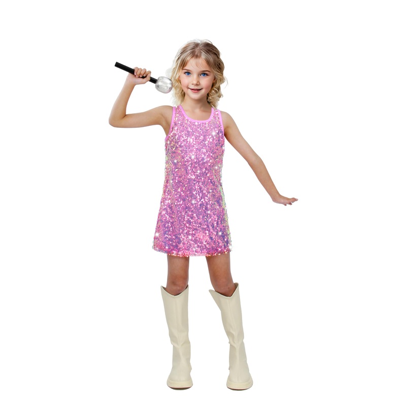 Sinkawa Jackets Girls Sequin Dress Sparkly Sleeveless Costume Prom Concert Party Outfit with Glitter Microphone Prop-Large Pink