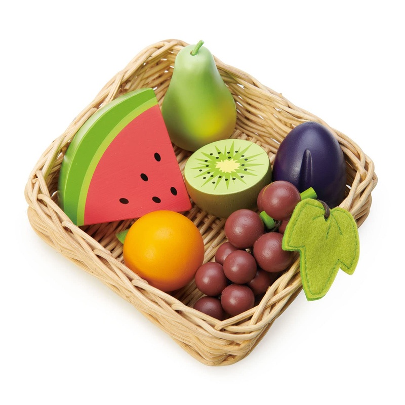 Tender Leaf Toys – Fruity Basket – 6 Pcs Solid Wood Fruits with Hand-Crafted Basket, Pretend Food Toy Playset Supermarket Shoppi