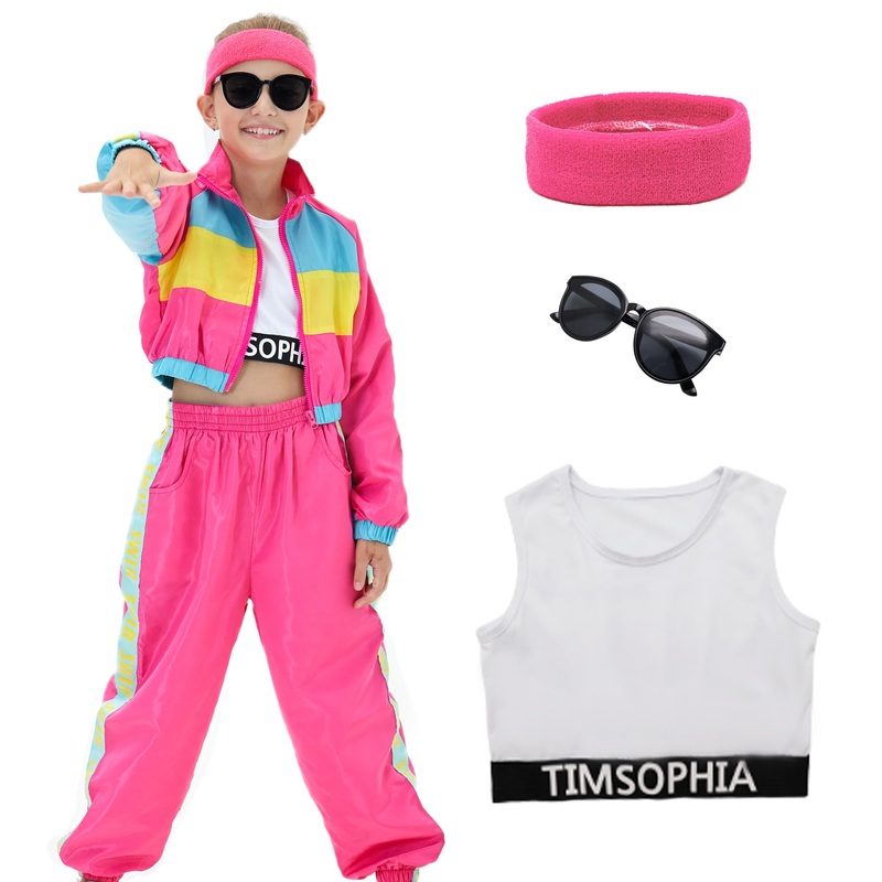 TIMSOPHIA Girls’ 5 Pcs Hip Hop Dance Costume, Hot Pink (6-7 Years), Modern Jazz Team Performance Clothes