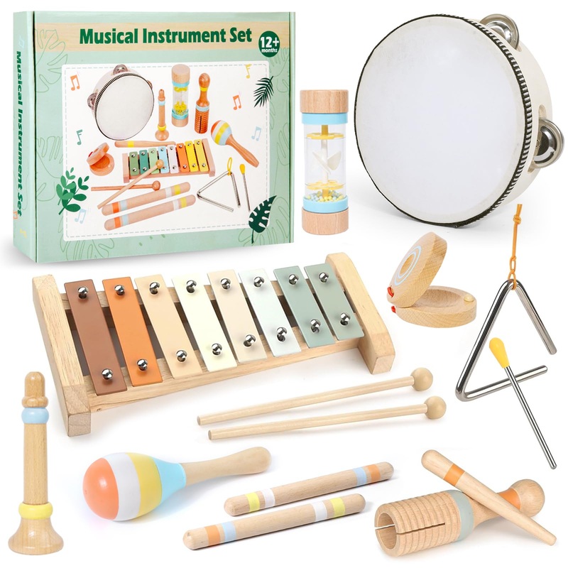 Toddlers Musical Instruments – 9pcs Baby Montessori Wooden Musical Toys for Toddlers 1-3 Year Old, Kids Percussion Instruments X