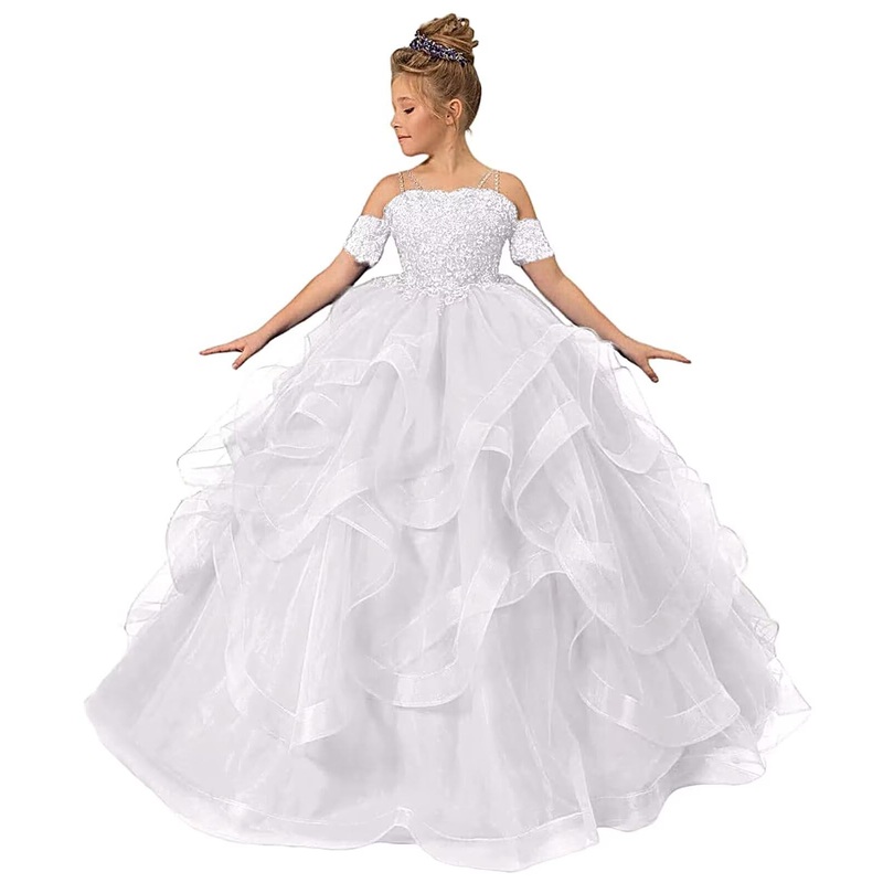 ZPVP Princess Flower Girl Dress for Wedding Long Tulle Girls Pageant Dress Puffy Ruffles Beaded Appliques Party Costumes White U