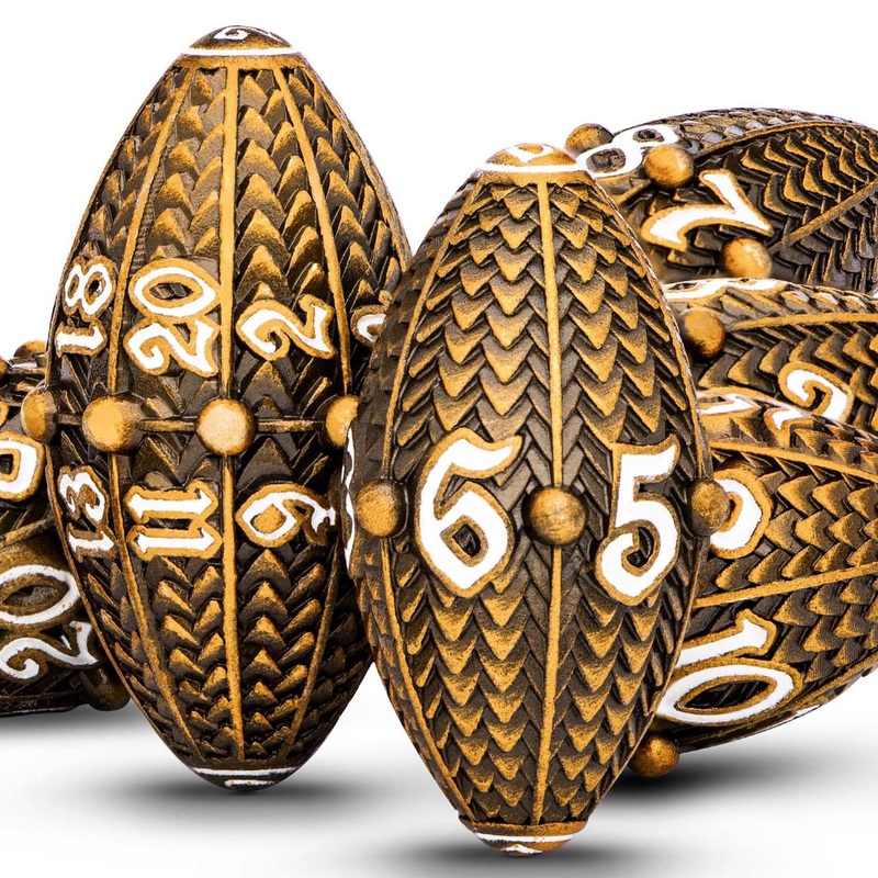 ARUOHHA DND Metal Dice Antique Gold Dragon Egg Dice with Metal Box, Role Playing Game RPG Polyhedral D and D Dice Set D20 D12 D1