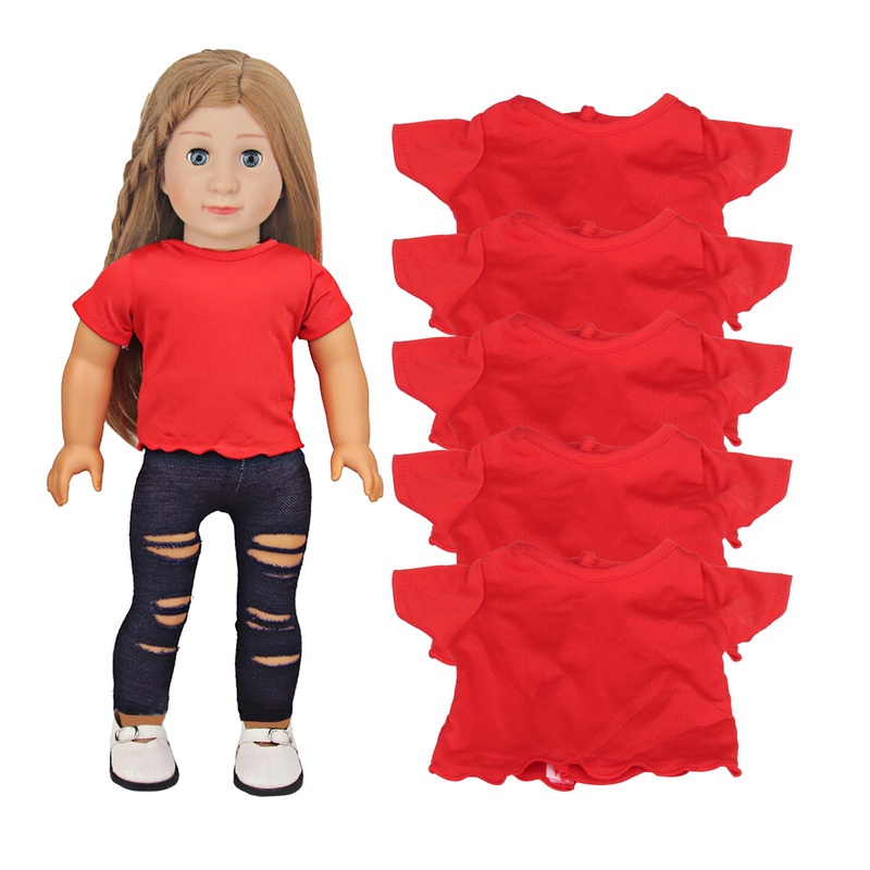 AugFrog 5 Pcs T-Shirts for 18 Inch Dolls, Summer Outfit Doll Clothes Accessories, Short Sleeved Classical Tee Fit – Red