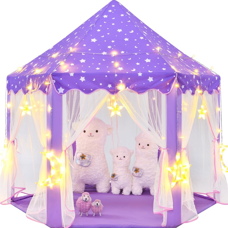 CUBNBUD Princess Tent with Star Lights – Purple Castle Playhouse for Girls Age 4-7, 55×53 inch