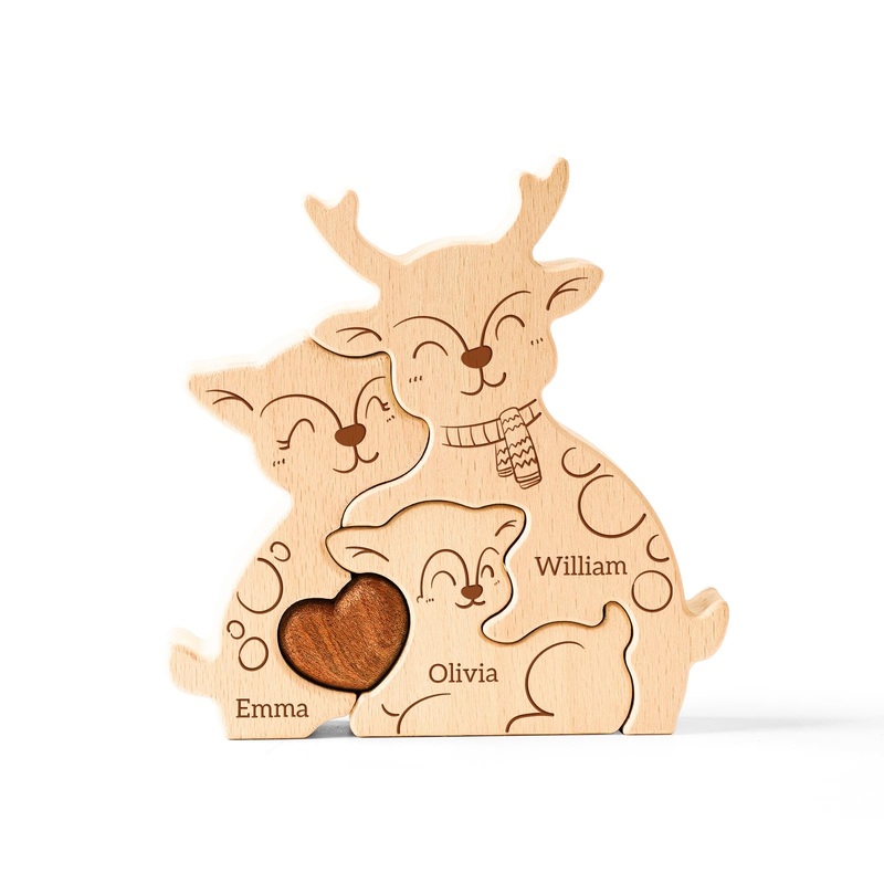 Customizedbee Wooden Elk Family Puzzle, Personalized Puzzles with 2-5 Names, Birthday Christmas Personalized Gifts for Kids Teen