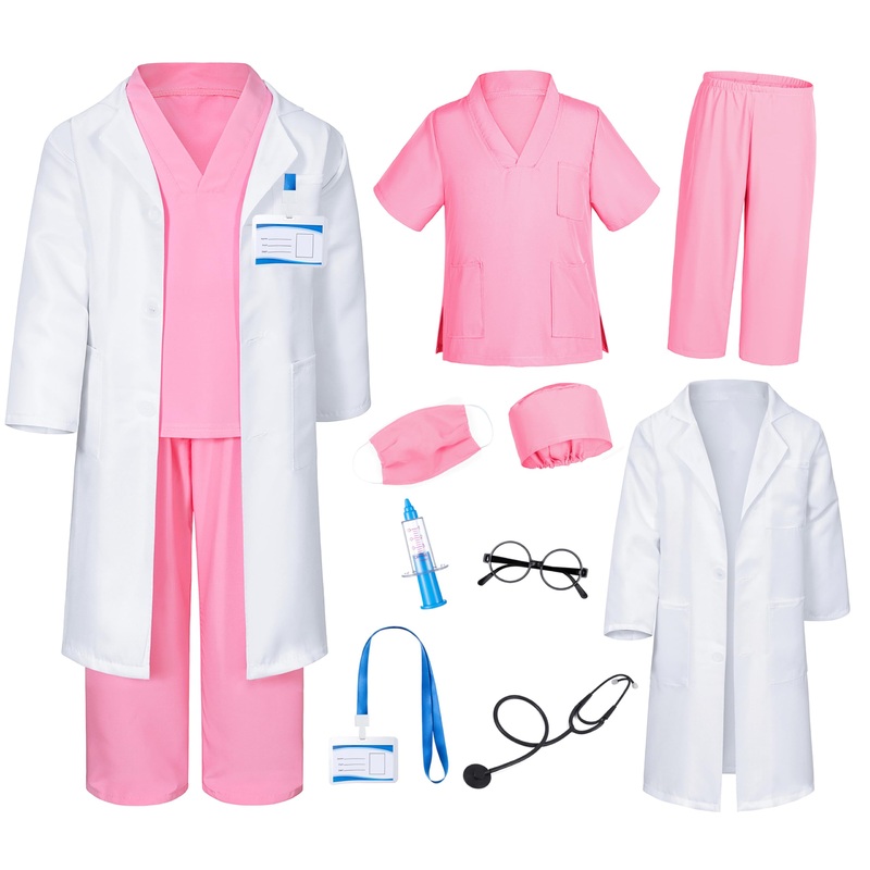 Doctor Costume for Kids Scrubs Pants with Accessories Set Children Party Cosplay Pink 3T-4T