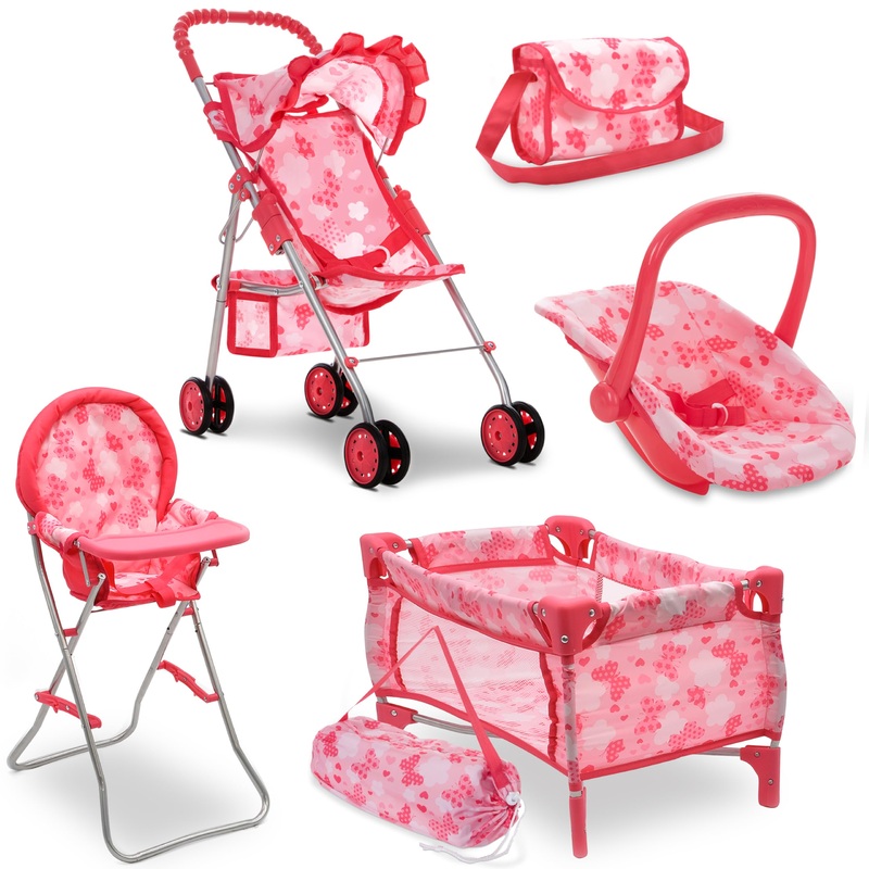 Dolls To Play Baby Doll Stroller Bed and Seat Nursery Playset, Accessories Furniture Set High Chair Diaper Bag Role Play Deluxe