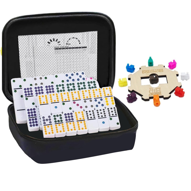 ESSAJOY Double 12 Mexican Train Dominoes, 91 Tiles Dot Dominoes Games in Portable Case with 9 Trains Instruction Booklet Score P
